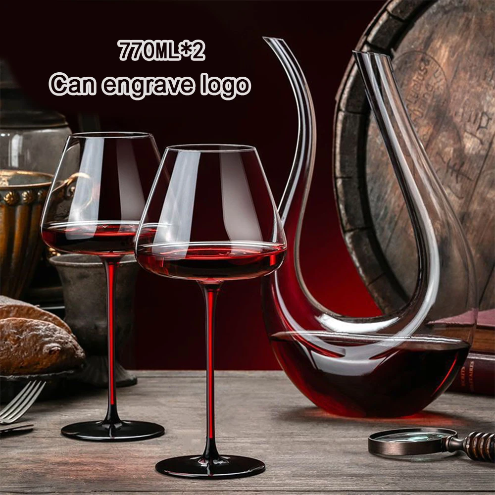 (Can Engrave Logo) 770ML Two-pack Crystal Goblets, Red Stem Large Capacity Red Wine Cup, Burgundy Glass, Wedding Pairing Cup