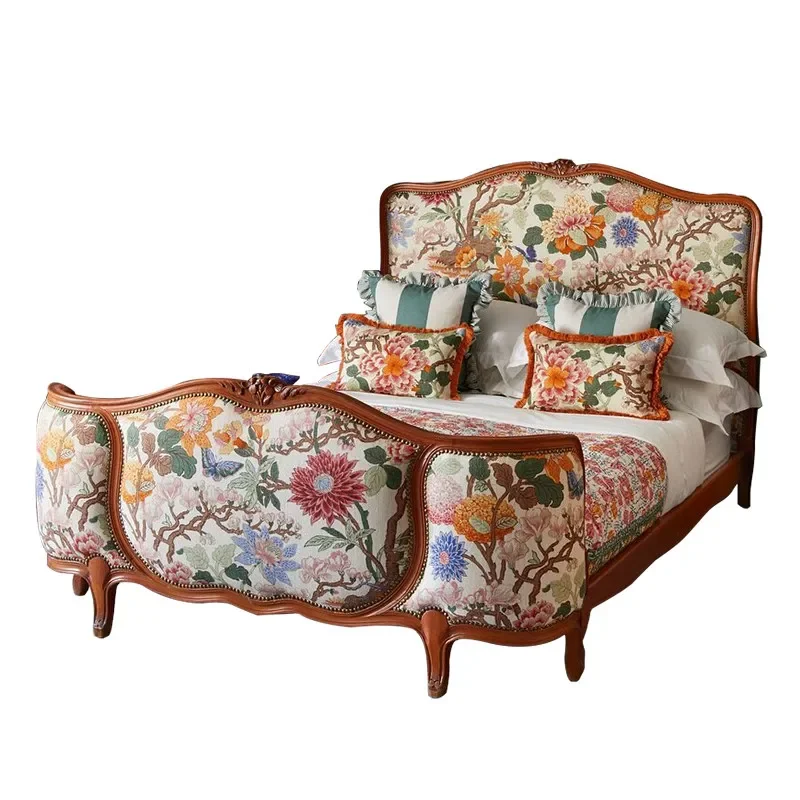 French vintage printed solid wood bed, American home light luxury carved bed, neoclassical master bedroom wedding bed