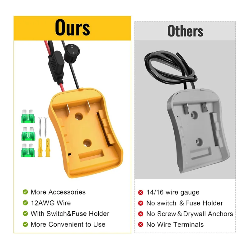 

2 PCS Power Wheels Adapter With Fuse & Switch & Wire Terminals Yellow For Dewalt 20V , Power Wheels Battery Converter Kit