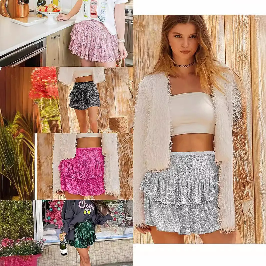 Sparkly Sequin Pleated Skirt Glitter Mini Skirt Bodycon Skirts for Women Summer Spring Evening Dress