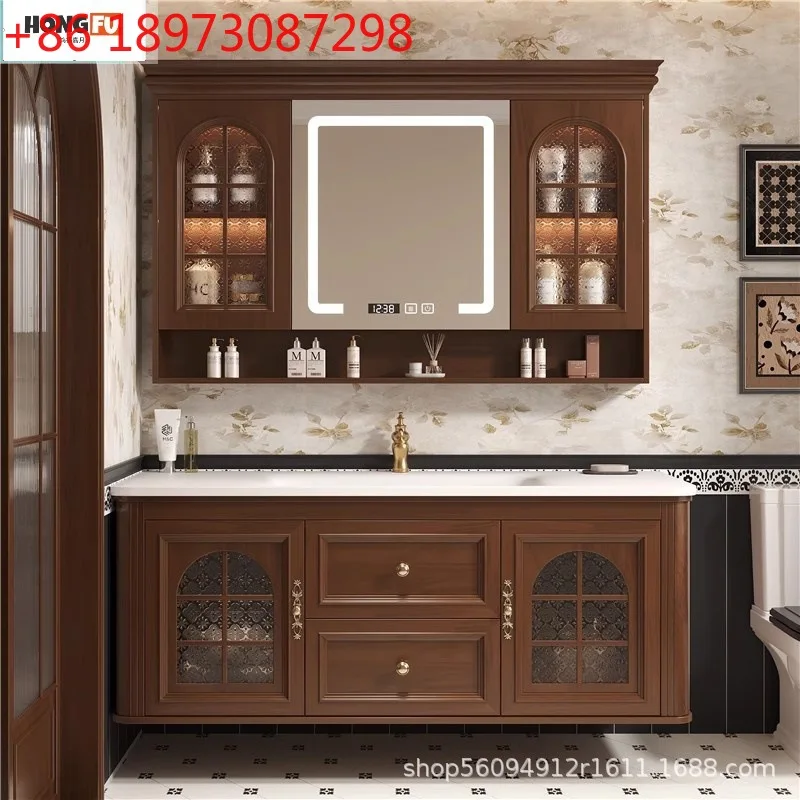 

Medieval style bathroom cabinet combination oak solid wood bathroom washstand integrated ceramic basin bathroom cabinet