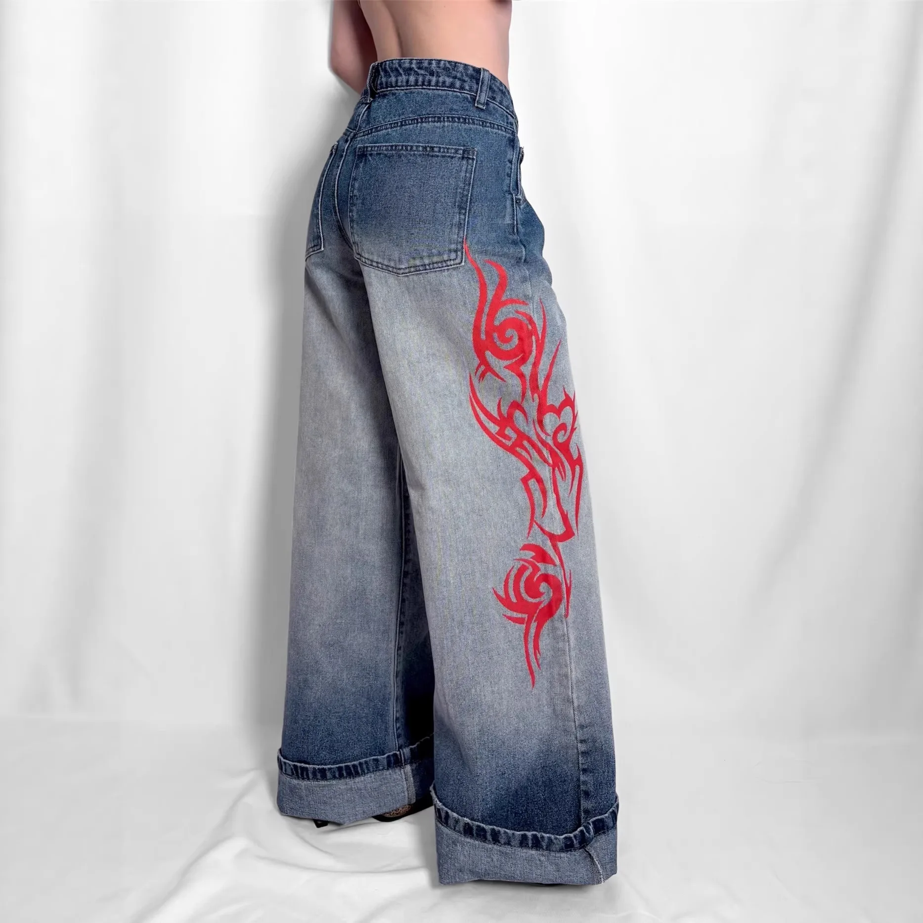 2026 New Printed Jeans Washed And Distressed Design Loose Wide Leg Foreign Trade Casual Pants For  Women's Denim Trousers Y2k