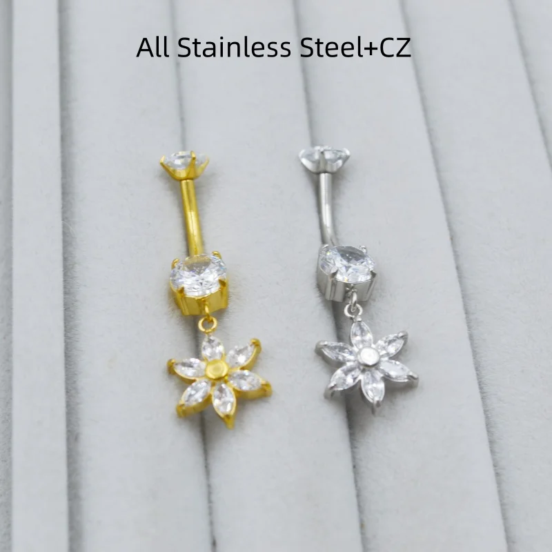 10PCS All Stainless Steel Flower CZ Navel Belly Ring Button Bar New Navel Rings Body Piercing Jewelry 14G