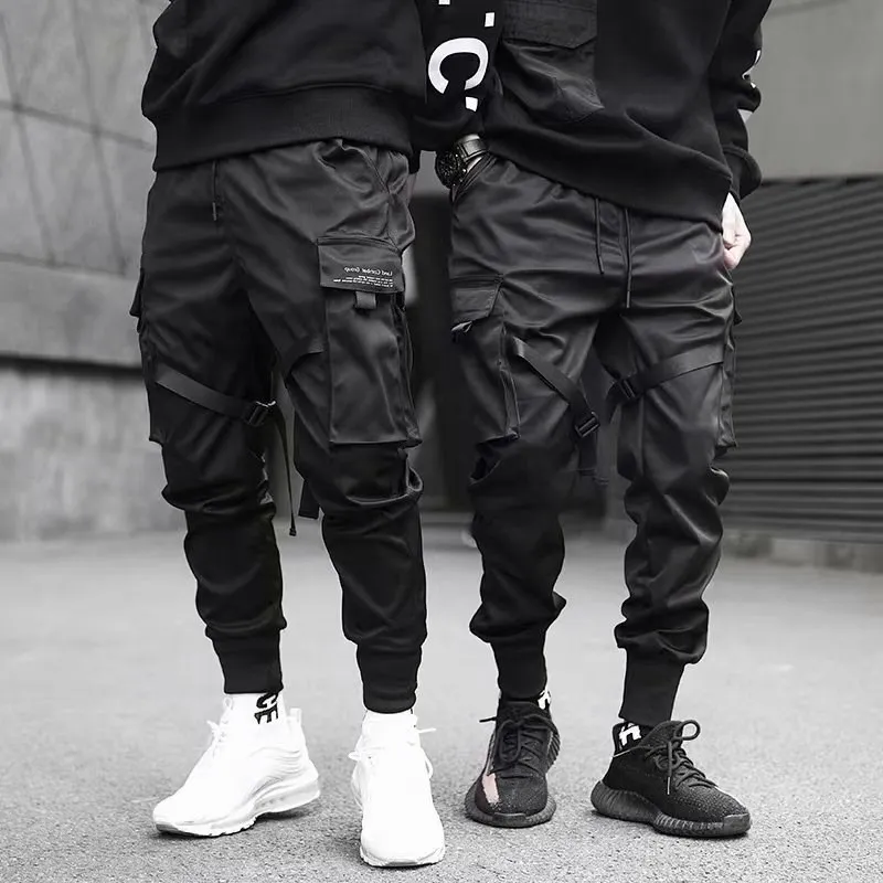 

2025 Men's Multi Pocket Bandage Tactical Technical Clothing Work Pants Men's Harajuku Punk Hip Hop Running Pants Casual Street W