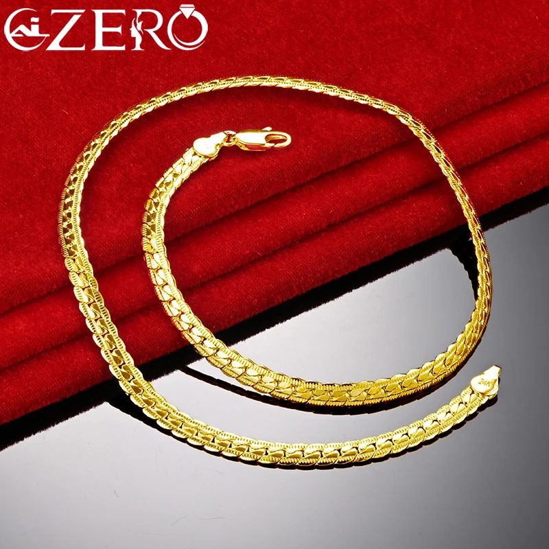 

ALIZERO 18K Gold 16/18/20/22/24 Inches 6mm Side Flat Chain Necklace For Man Women Fashion Jewelry Wedding Party Accessories