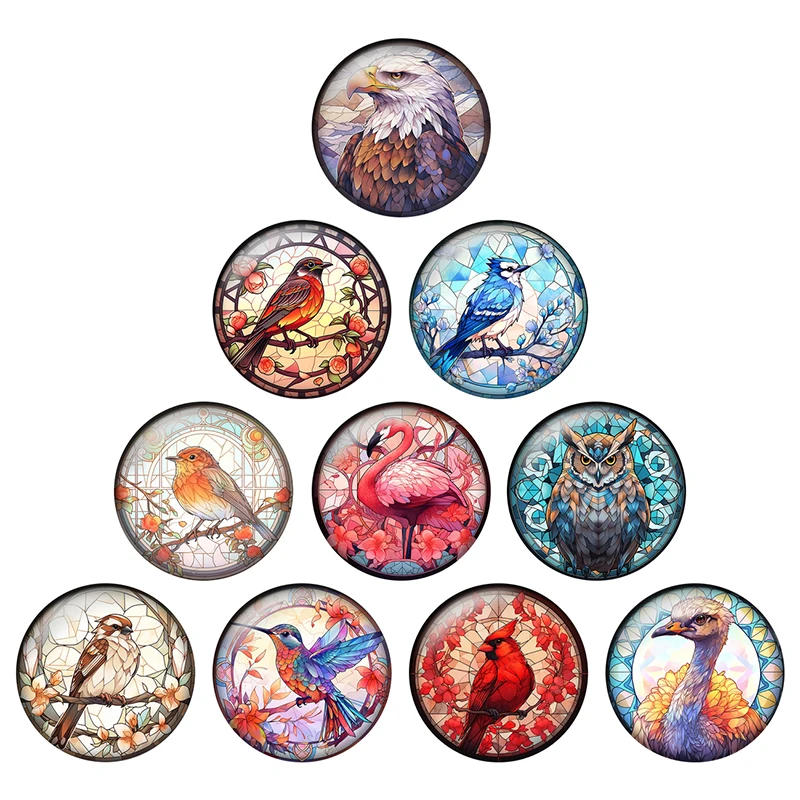 Colorful Cute Bird and Peacock Art Patterns Jewelry Decorations Round Photo Glass Cabochon Demo Flat Back Making Finding H350