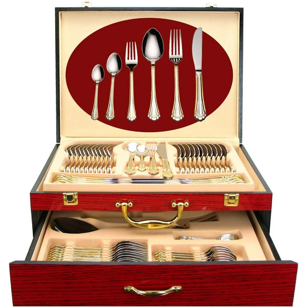 75-Pc Luxury Flatware Set for 12 w/Storage Case 24K Gold Premium Dining Cutlery Service