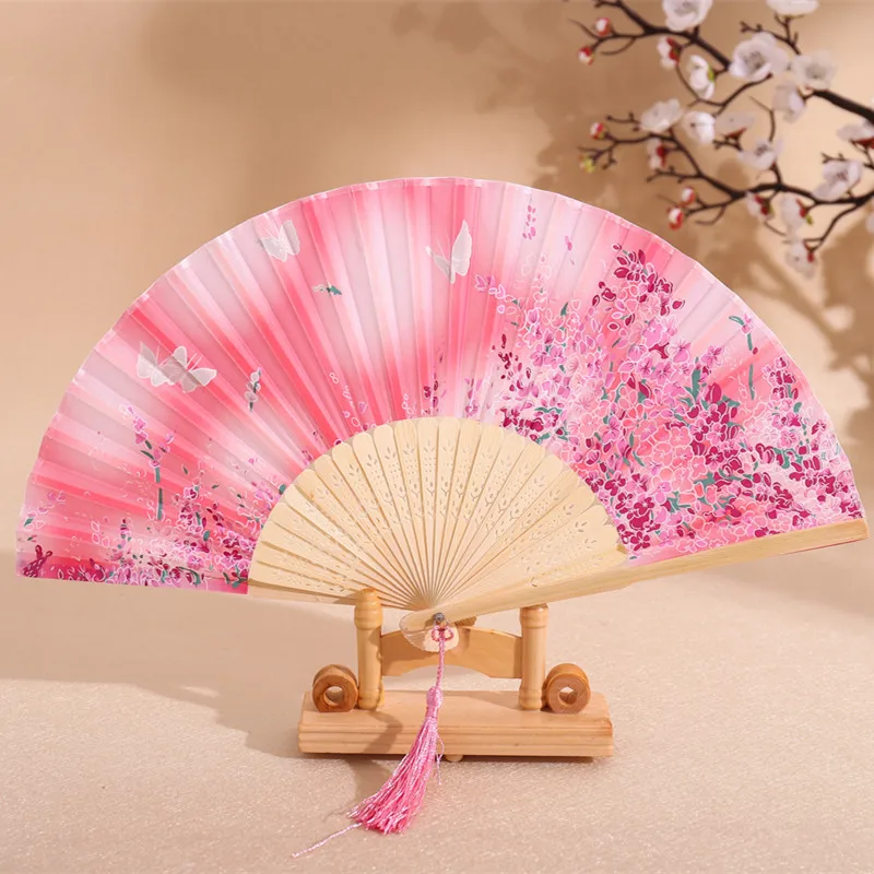 Chinese Vintage Cloth Fans Handheld Wooden Handle Art Flower Patterns Folding Flower Fan Classical Dance Party Performance Tool