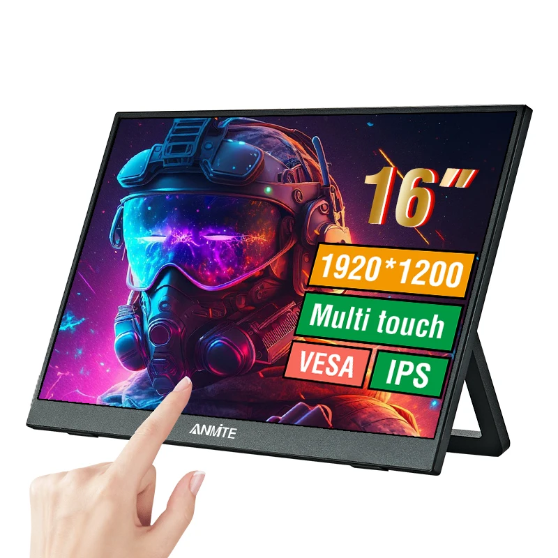 Anmite 16 Inch Portable Touch Monitor Non-touch Optional 1200P 1920*1200 HDR IPS External Screen, Full Function Type-C HDMI Plug&Play Built-in Speaker Low Blue Light Gaming Display For Phone Laptop Switch PS4 PS5 Xbox Steam Deck Mac
