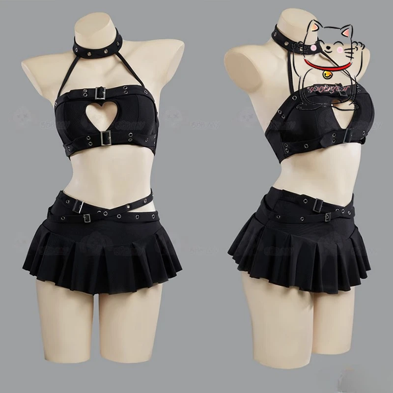 

Anime Gothic y2k heart-shaped hollow neck swimsuit cosplay punk beach skirt swimsuit sunbathing