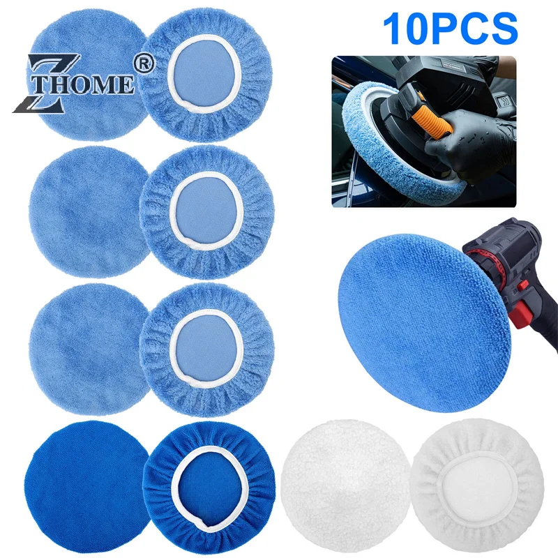 10Pcs 10Inch Car Polishing Pad Auto Soft Microfiber Bonnet Polisher Soft Wool Wax Wash Buffer Cover Cleaning Tools Accessories