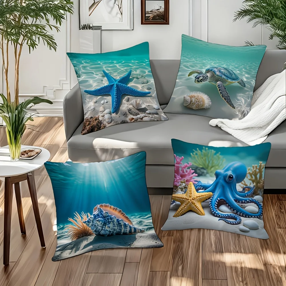 4 Piece Ocean Sea Life Throw Pillow Set Beach Coastal Decor Cushion Tropical Starfish Sea Turtle Aquarium Nautical Home Accent P