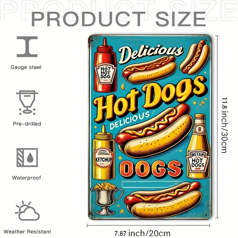 Sinal de metal vintage para cães-quentes, 8x12 espaços, decoração retrô engraçada de cozinha e bar com mostarda e ketchup, arte de parede de alumínio fácil de pendurar