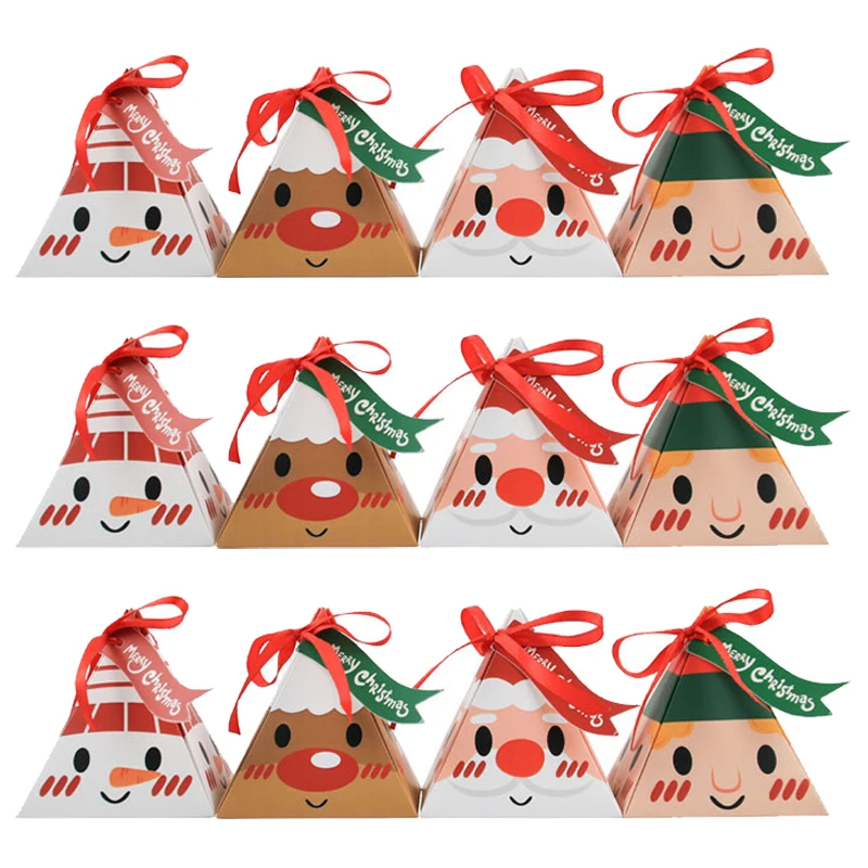 12pcs Merry Christmas Triangle Shape Bags Candy Cookie Bag Gift Packaging Boxes Party Decoration