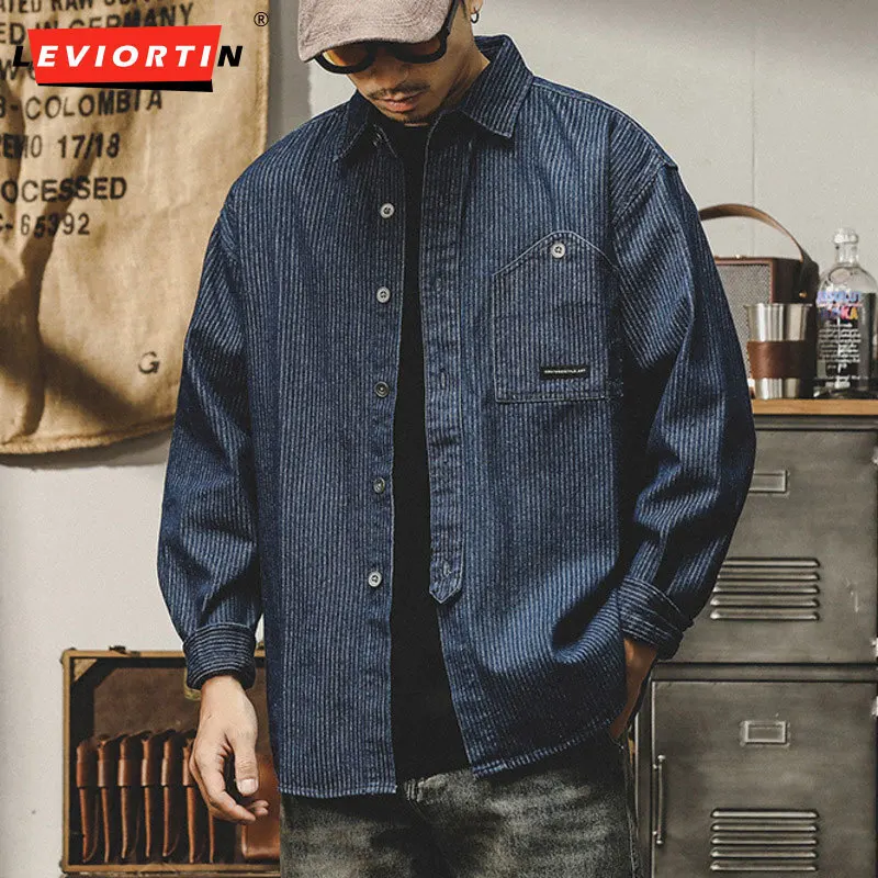 2025 Spring and Autumn Men's Youth Trendy Casual Loose Pocket Decoration Design Thick Collar Striped workwear Long Shirt