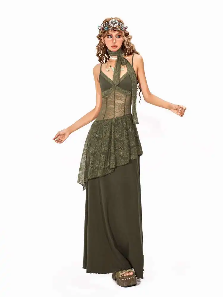 

Arielink Nepal Vintage Style A-Line Dress For Women Summer Irregular Lace Patchwork Spicy Girl Strap Dress
