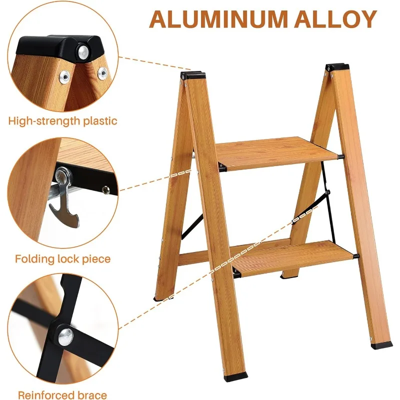 Aluminum 2 Step Ladder Folding Step Stool,Heavy Duty Wood Grain Finish Lightweight