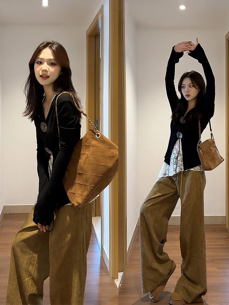 

Loose A-Line Wide Leg Jeans Women's Autumn Khaki Lazy Loose Sensation Flared Pants Hong Kong Style Retro High Waist Long Trou...