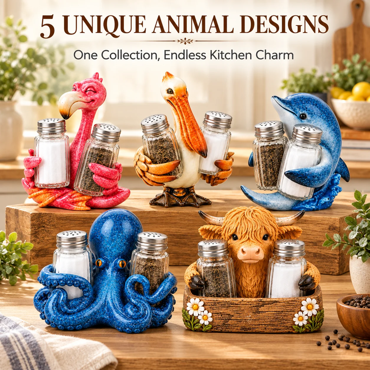 Hodao Resin Salt Pepper Shakers Cute Animal Figurine Decor Bottles Spice Dispenser Pelican Flamingo Dolphin Octopus Cow Gift