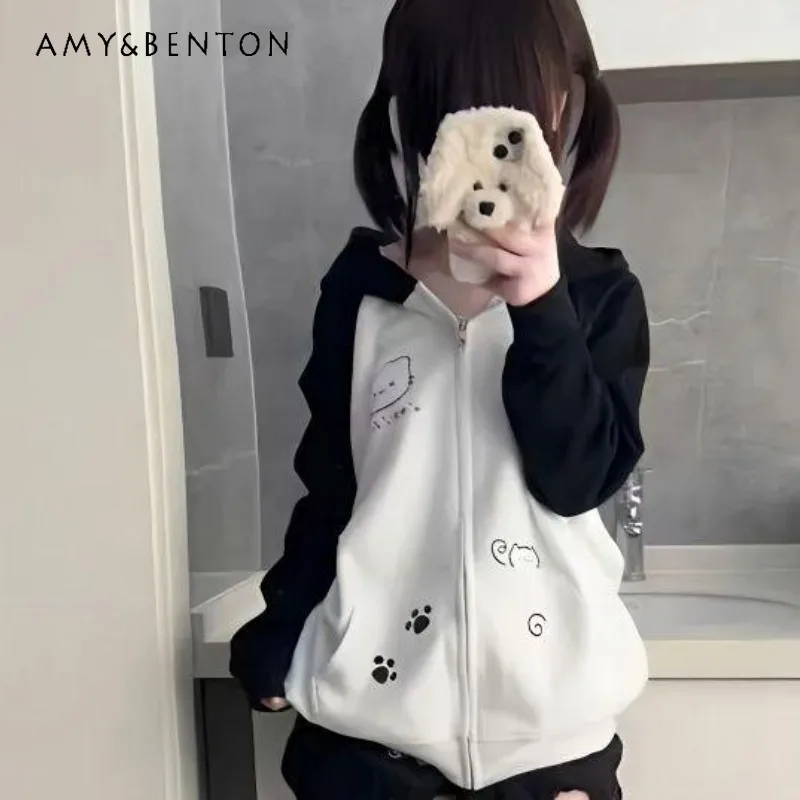 

2024 Japanese Autumn and Winter Cute Cartoon Cat Black and White Hooded Long-Sleeved Sweater Zipper Cardigan Jacket For Women