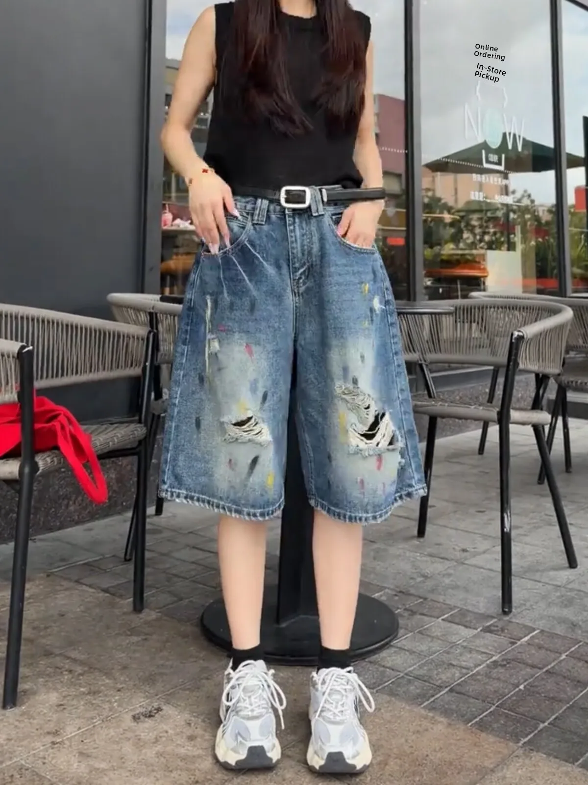 

Retro Hole Five-Point Denim Shorts Thin Straight Leg Wide Pants High Waist Casual Blue Polyester Fiber Summer 2026