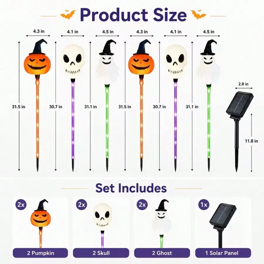 6 Pack Halloween Solar Lights, Pumpkin Ghost Skull Mixed Set, 8 Modes Auto On/Off IP44 Waterproof, Spooky Garden Decor For Yard Graveyard Haunted House
