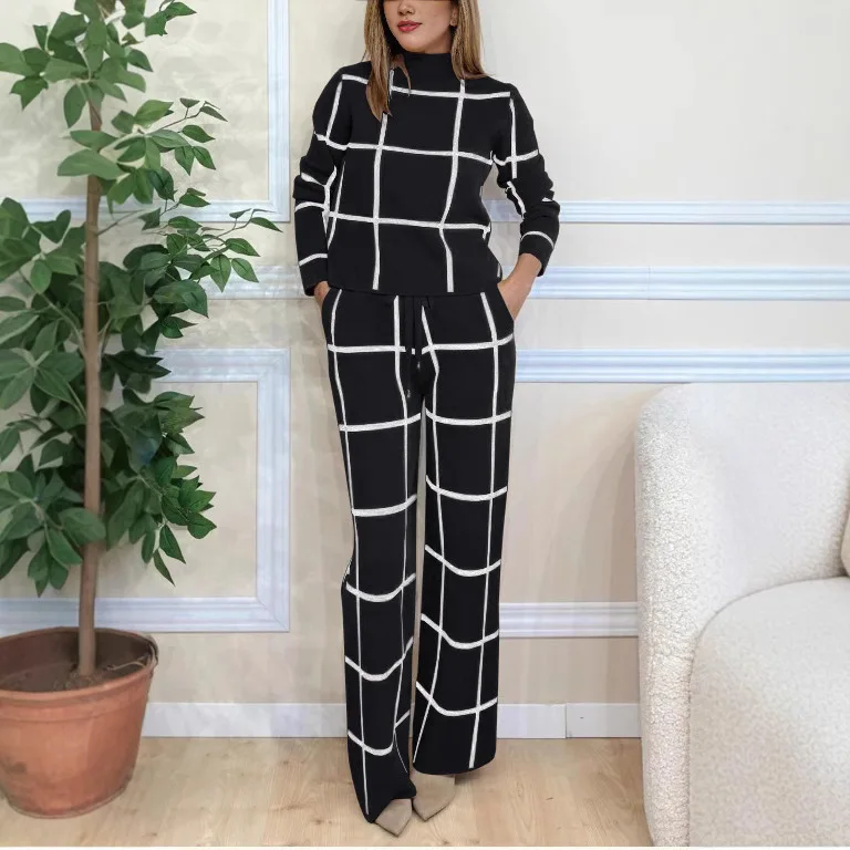 Autumn Winter Fashion Plaid 2 Piece Set Women Casual Office Commuter Lady Half-high Collar Blouse Wide Leg Pants Two Piece Sets