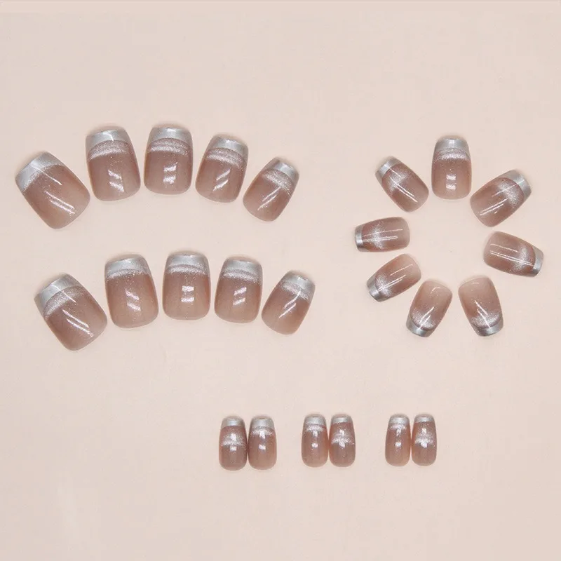 24 stücke Katzenauge Französisch Fingernägel gefälschte Presse auf Nägel Acryl kurze künstliche falsche Nägel mit Kleber einfache Stick-on Nail Art