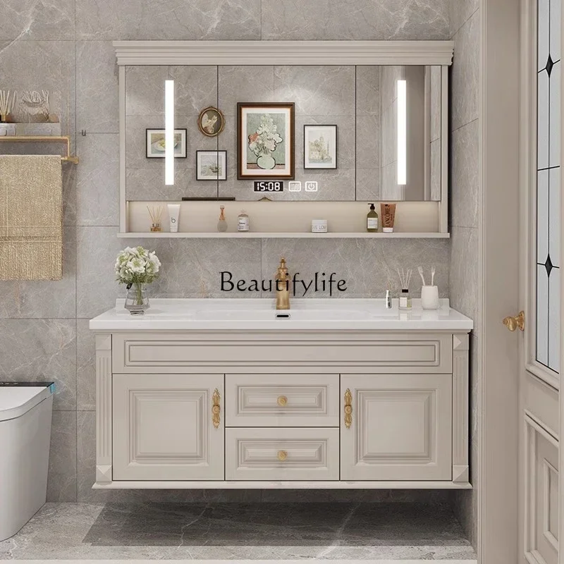 

American smart oak bathroom cabinet combination ceramic integrated basin solid wood bathroom washstand