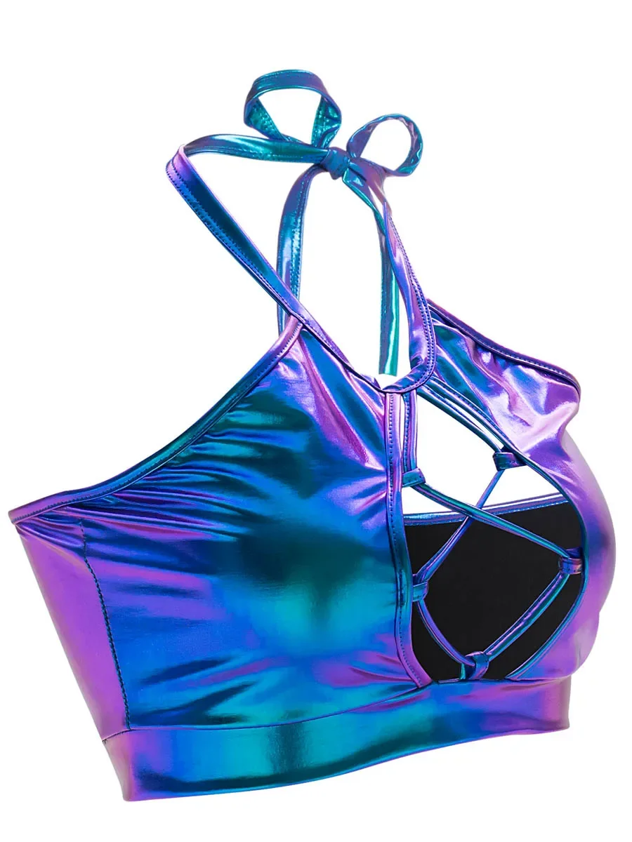 Clothes for Pole Dance Sexy Shiny Bra Tops Clothes Holographic Costumes Womens Festival Roupa Metallic Rave Bra Halter Wetlook