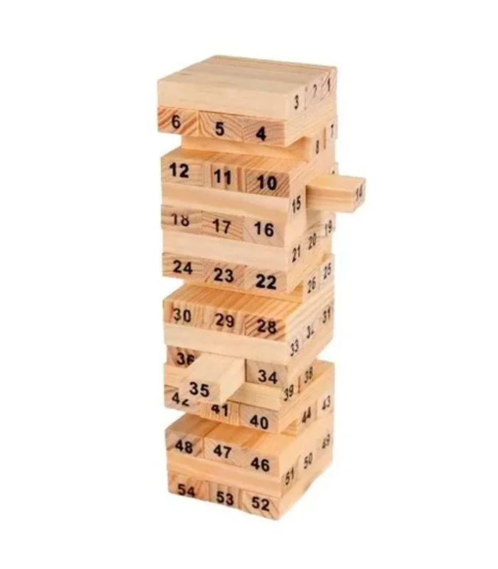 Tradineur wooden block set, 54 numbered tiles, 4 dice, stackable tower construction, 26x7 cm