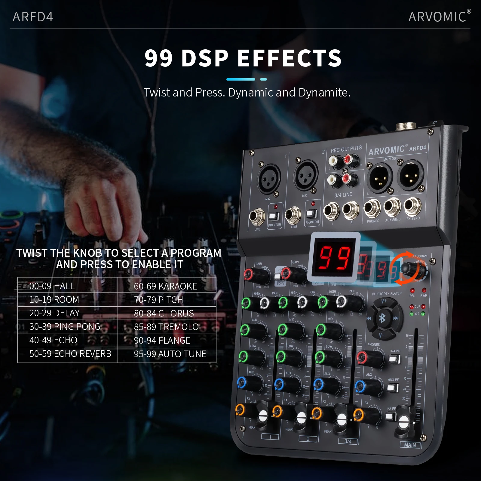 Do Brasil Mixer de áudio de 6 canais ARVOMIC DJ Mixer com interface de áudio USB, função Bluetooth, 16 efeitos DSP e equalizador de 3 bandas (ARMX-6)