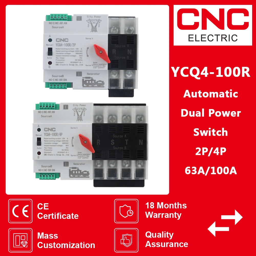 CNC YCQ4-100R 2P/4P Din Rail ATS Dual Power Automatic Transfer Switch 63A/100A AC230V Switch Power Switching Device