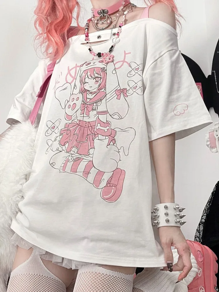 

QWEEK Y2k Kawaii Anime T Shirt Japanese Sweet Harajuku Student Cute Cartoon Print White Tees Short Sleeve Top 2025 Spring Summer