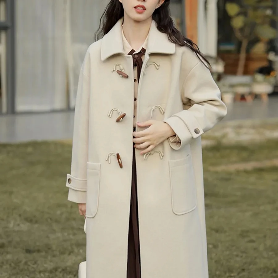 

Fall/Winter 2023 New Double-Sided Cashmere Windbreakers Women's Overcoat Loose Horn Buckle Casual Woolen Coat Female Outwear