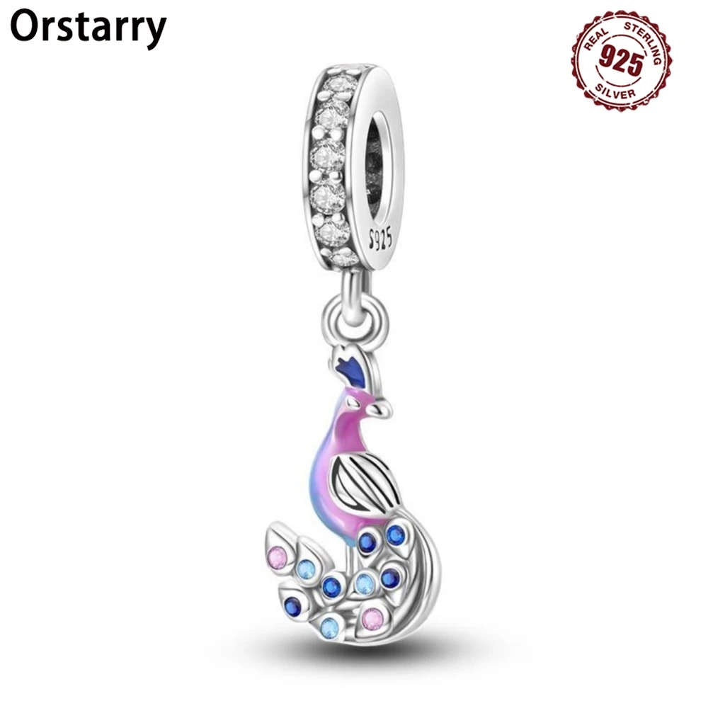 

Orstarry стерлингового серебра 925 пробы синий фиолетовый павлин животное оригинальные подвески браслет подвески ювелирные изделия вечерние бусины DIY подарочный аксессуар