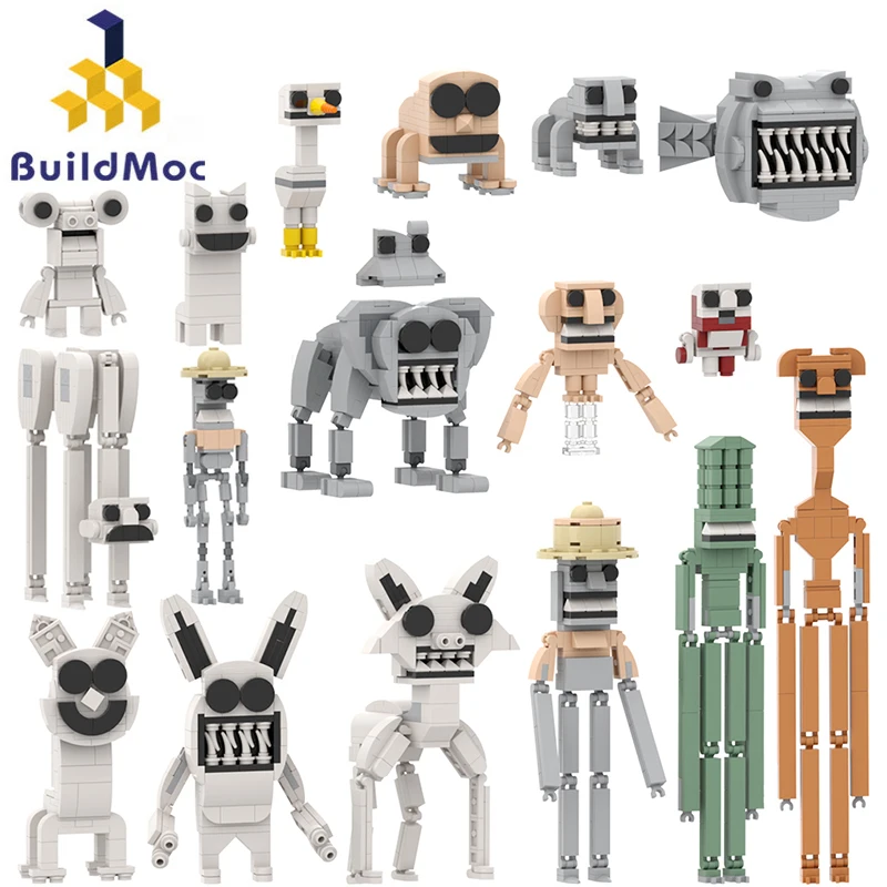 BuildMOC Zoonomalys Figures Building Block Set with Smile Cat, the Zookeeper, monkey, frog, elephant, lizard, ostrich Model Toys