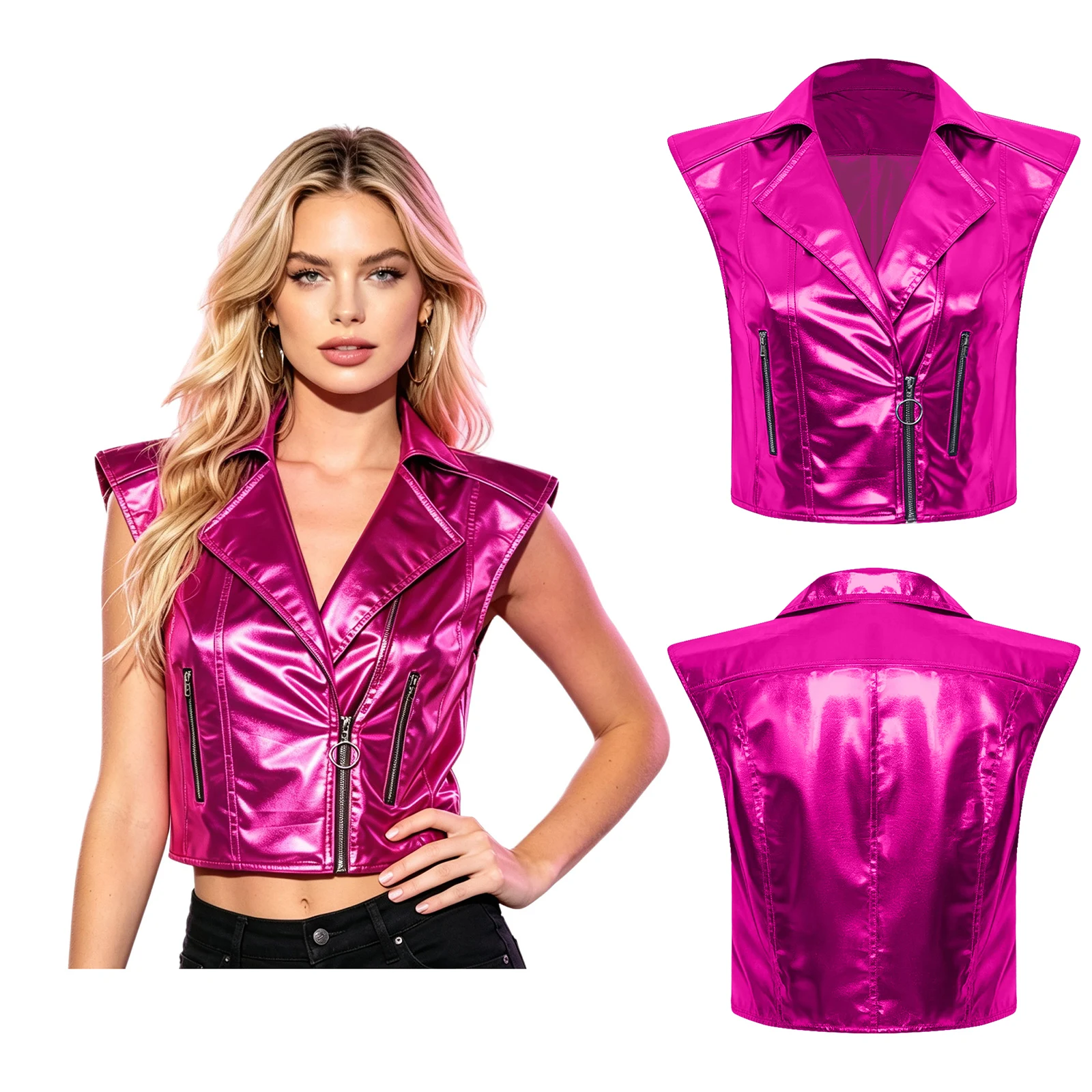 Women Jazz Motorcycle Tank Top Metallic Shiny Club Vest Notched Lapel V Neck Front Zipper Sleeveless Waistcoat Stylish Punk