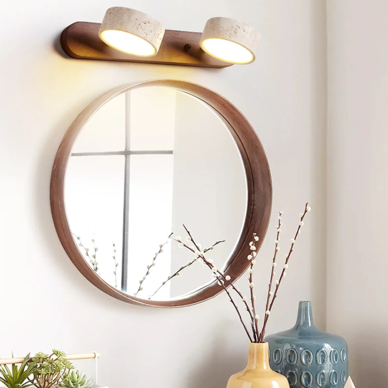 Washbasin Led Mirror Light For Bathroom With Stone Lampshade Japanese Vintage Minimalist Vanity Wall Sconce Lamp With Wood Body