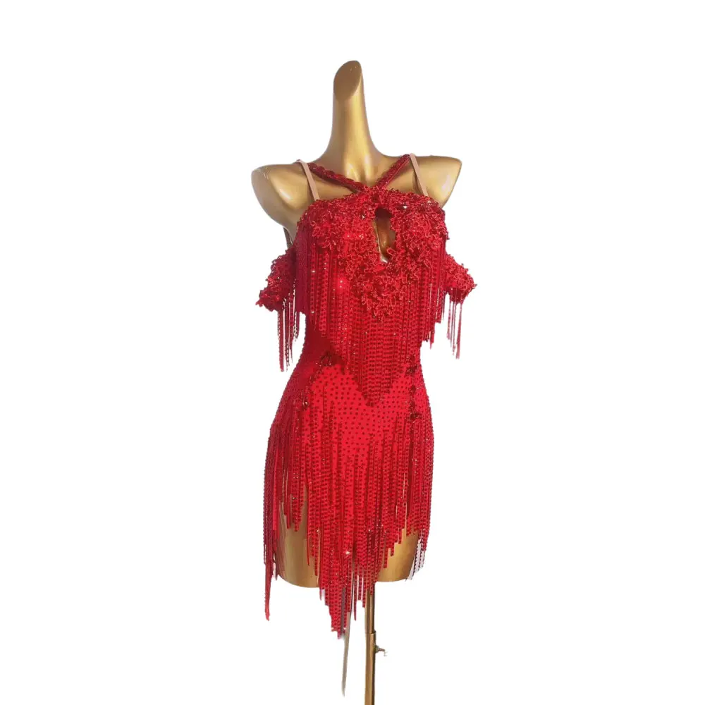 

Latin Dance Dress High-end Custom Red Flower Neckline With Diamond Strap Women's Stage Samba Professional Clothing
