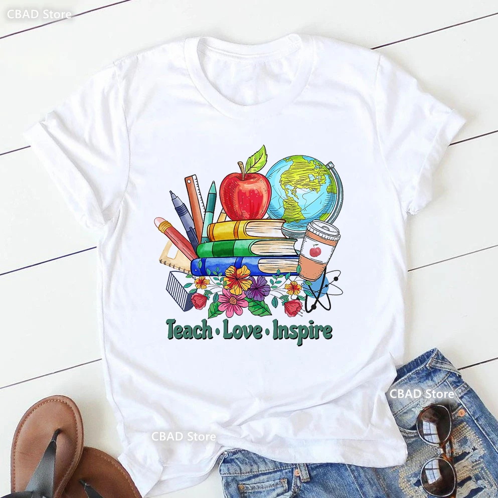 2023 Hot Sale Funny Tshirt Women Leopard Teaching Is Heart Word T Shirt Femme Teacher Life Flowers Apple Coffee T-Shirt Female