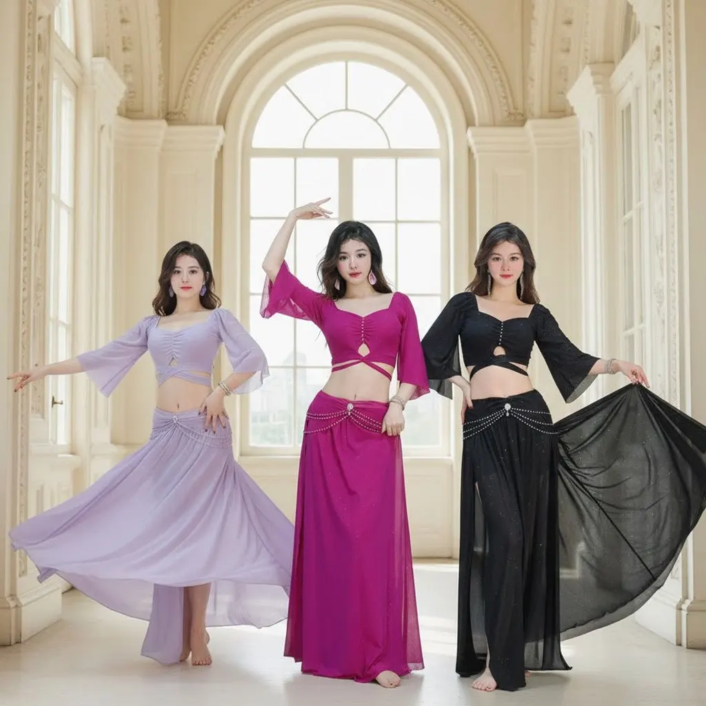 

Women's Belly Dance Costume Slimming Ruched Top with High Waist Skirt Stretchy Oriental Performance Outfit for Graceful Movement