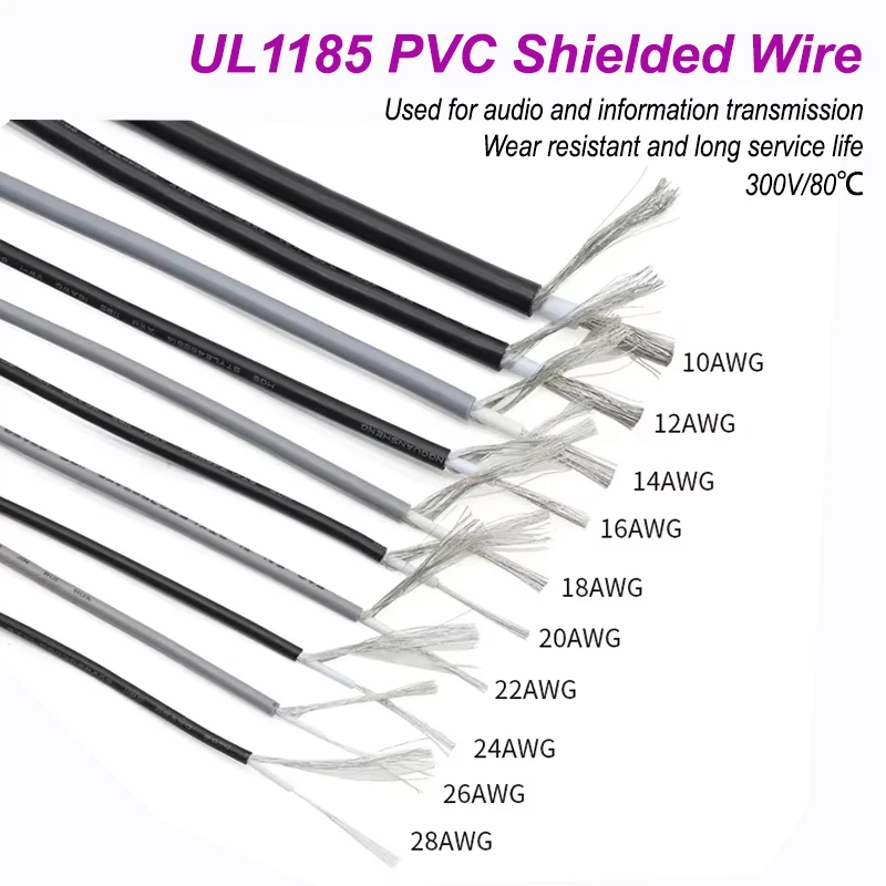 5/10/20M UL1185 PVC Shielded Wire 28 26 24 22 20 18 16 14 12 10 AWG Single Core Electronic Copper Channel Audio Cable