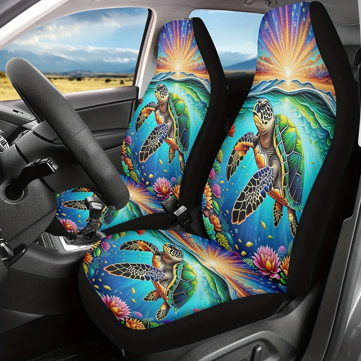 2pcs Psychedelic Turtles Print Car Seat Covers, For Women And For Man, Universal Auto Front Seats Protector Fits For Car, SUV Se