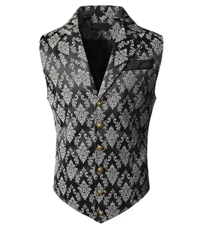 Herren Vintage Viktorianische Blumen-Jacquard-Weste, V-Ausschnitt, einreihig, ärmellos, Gothic Hochzeits-Party Cosplay Kostüm – Detail 13