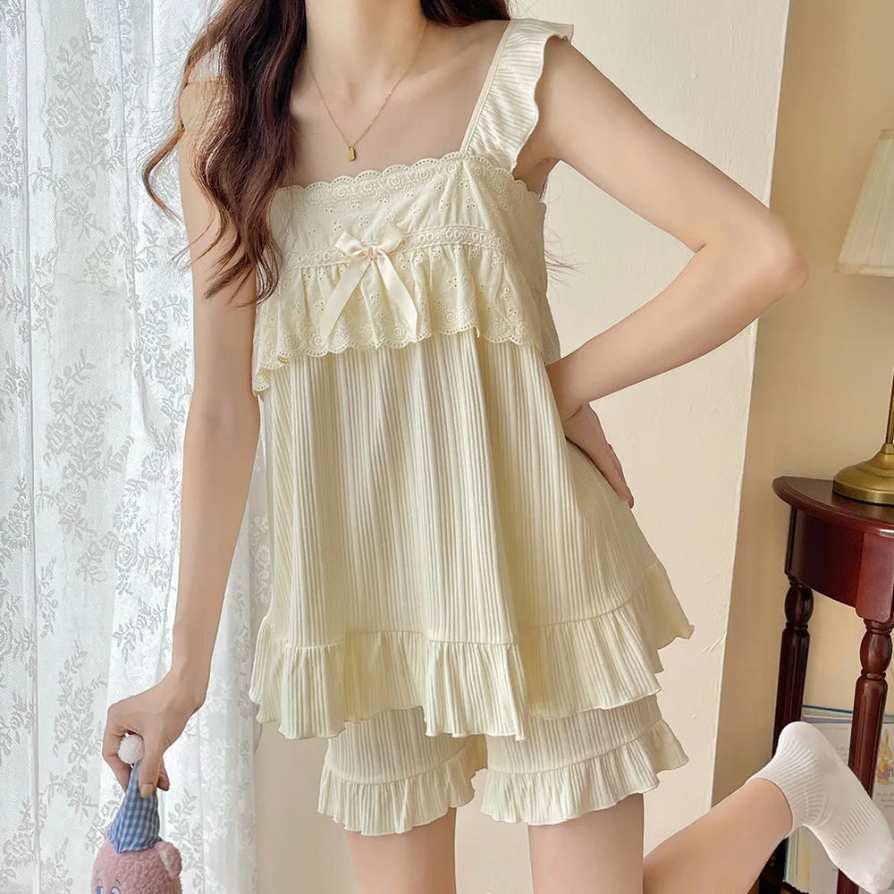 Summer Ladies Halter Nightgown Female Cute Court Style Teenage Undershirt Pajamas Female Summer Models Sweet Homewear Set