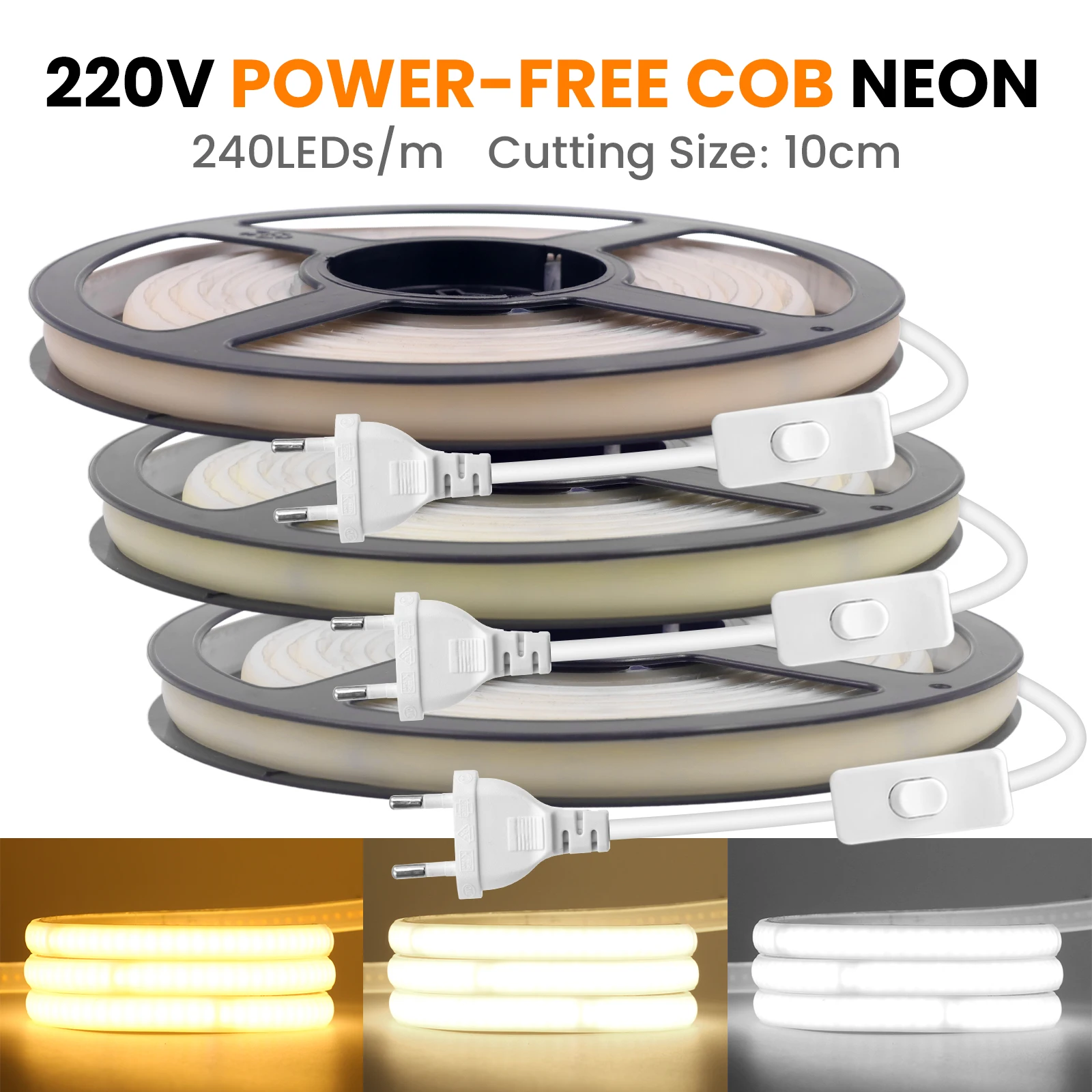 220V COB LED Strip Light High Bright 240LEDs/m EU UK Plug With ON OFF Neon Led Strip Waterproof Outdoor Garden 3000K 4000K 6000K