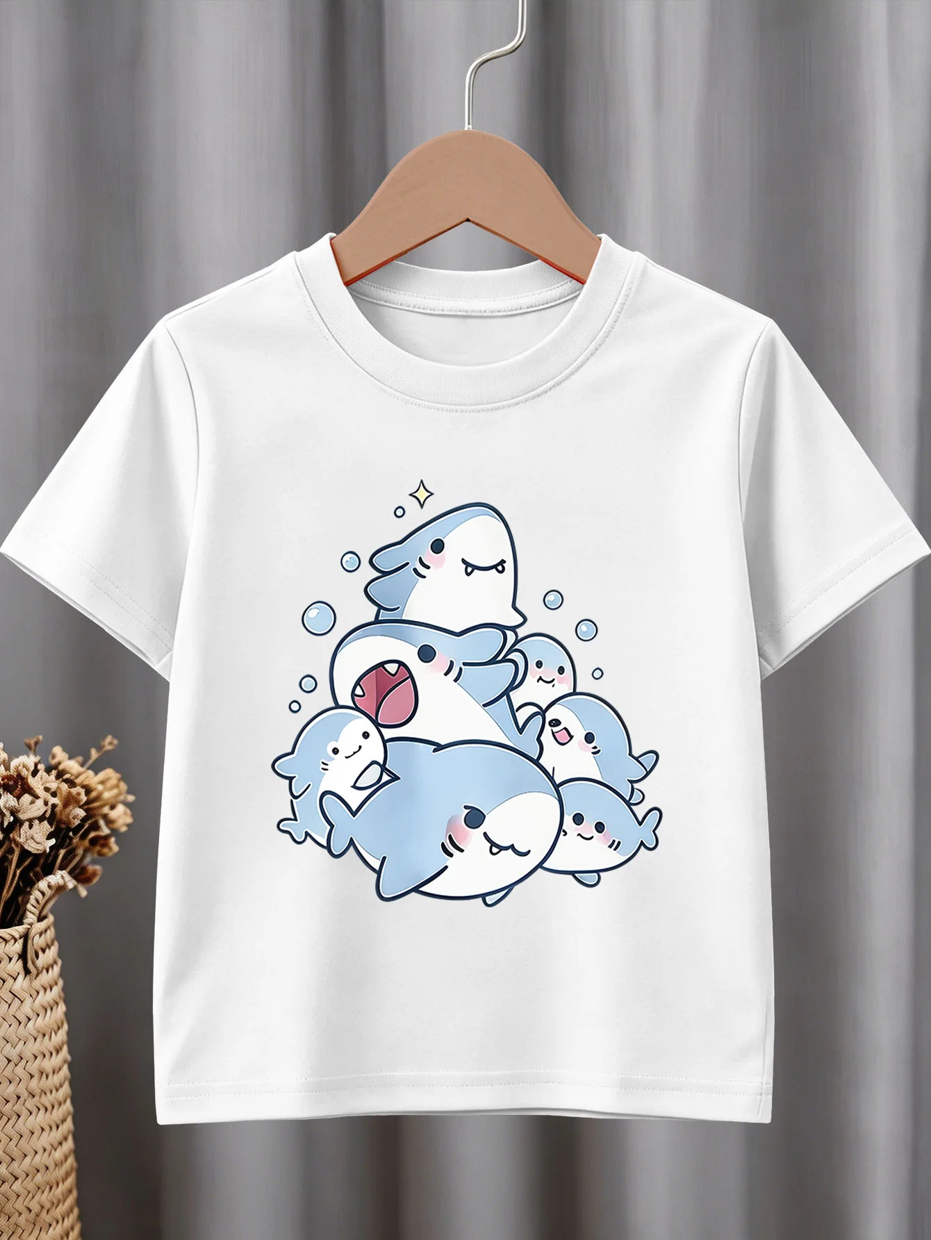 Cute Group Cartoon Shark Bubble Print Graphic Kids Tee Boys Girls Family Matching Cotton Crew Neck Short Sleeve Soft Summer Tee