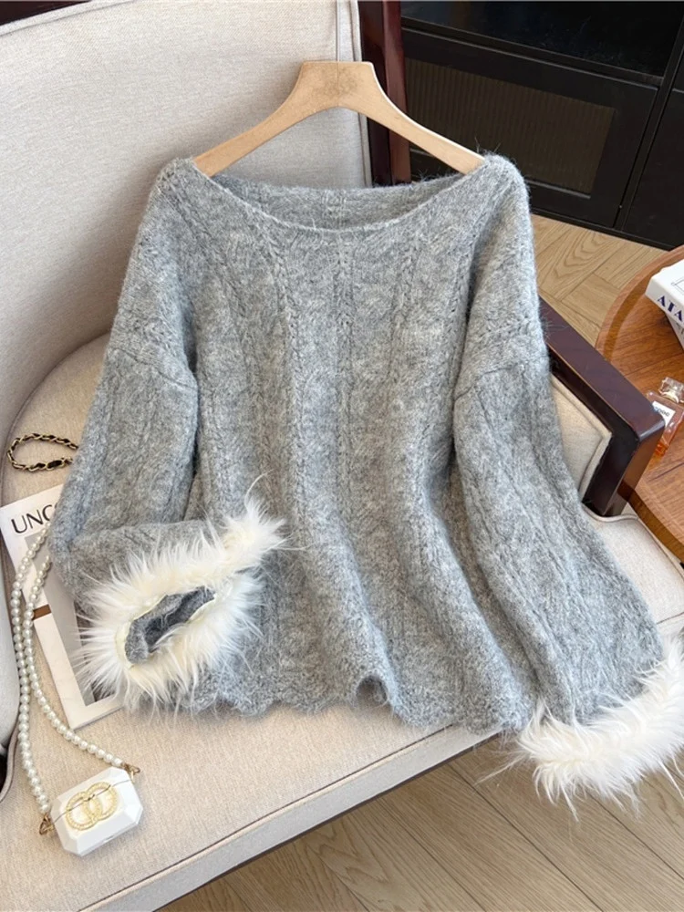 

Женский свитер с длинными рукавами и имитацией меха, больших размеров, красивый, уникальный, модный топ для ранней весны