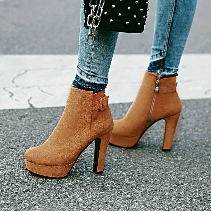 Flock Faux Suede Brown Black Street Style Lady Mature Pumps Buckle Belt Platform Block Thick High Heels Ankle Short Modern Boots